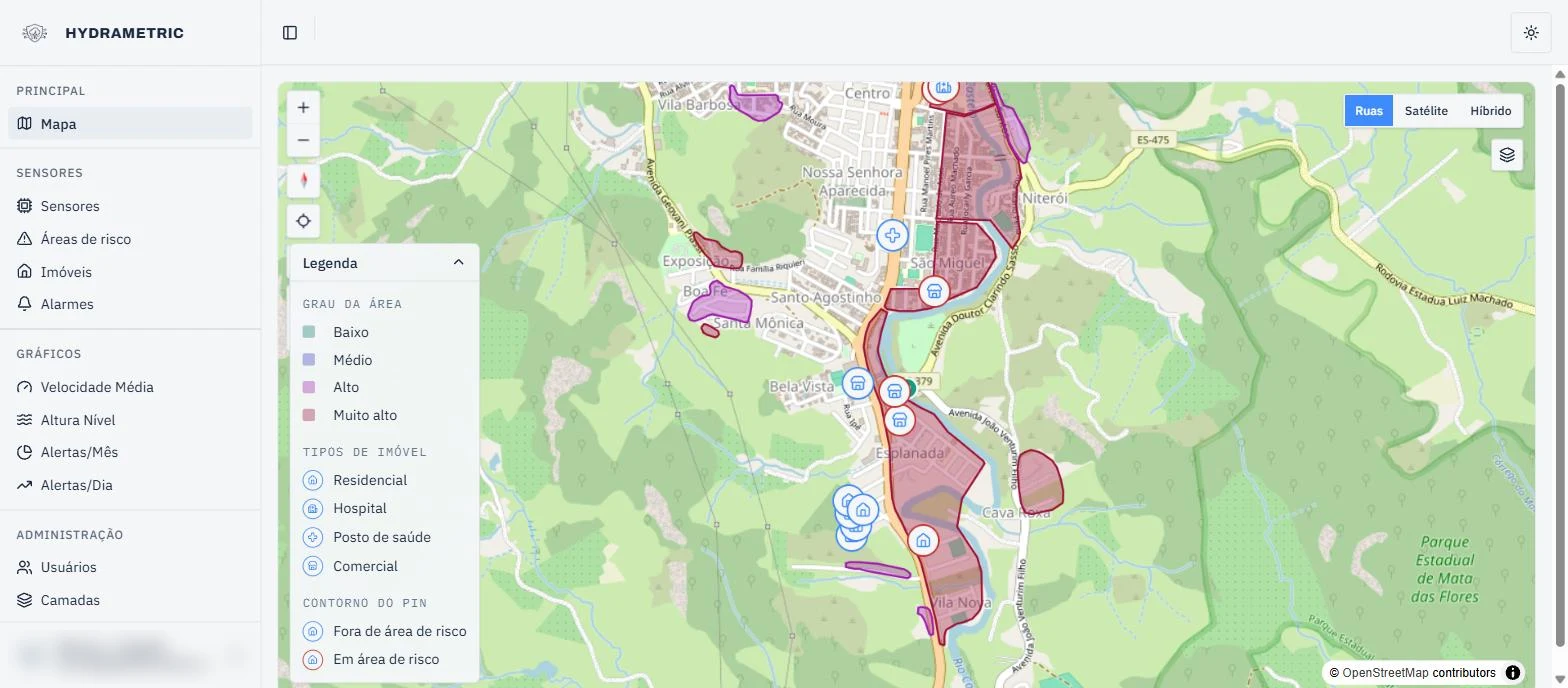 Mapa operacional com áreas de risco e imóveis