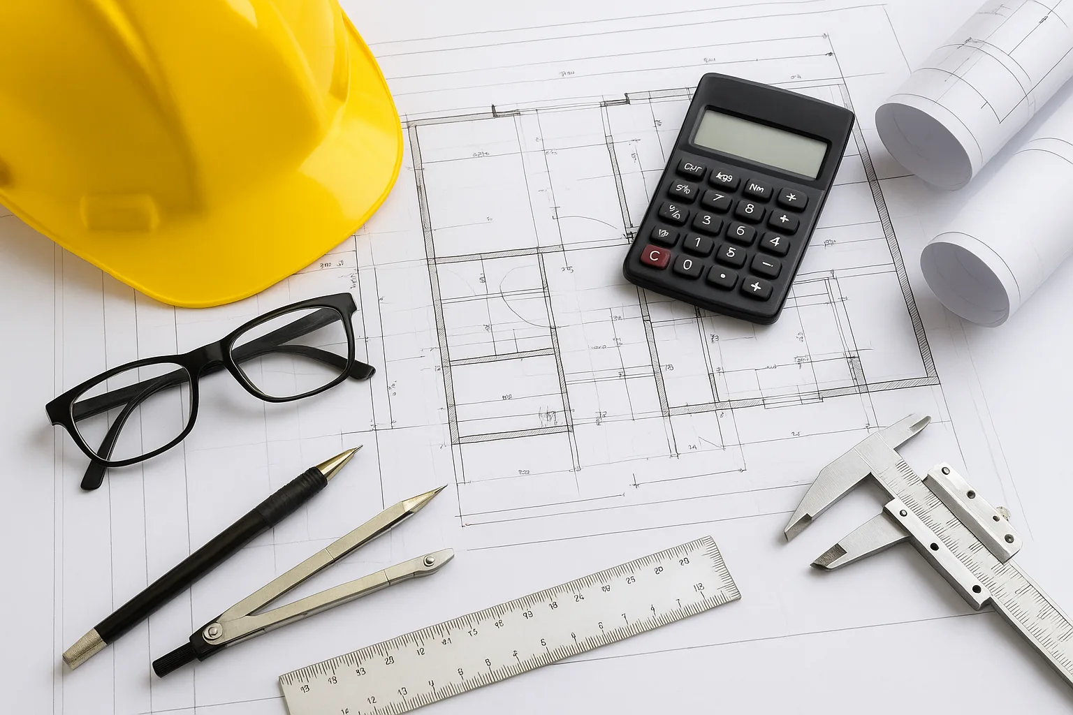 Prancha de projeto de engenharia com capacete, calculadora e instrumentos de desenho